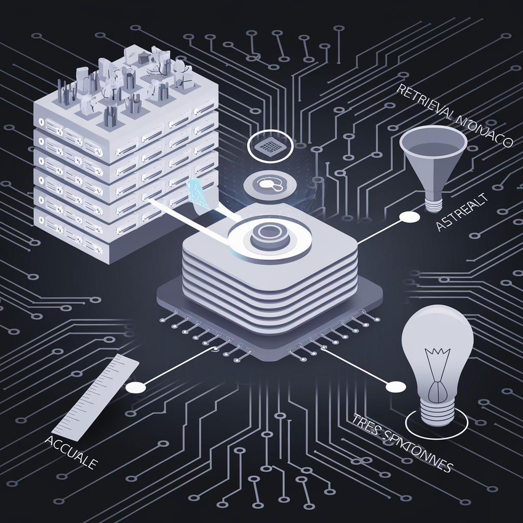 Create an infographic illustrating the concept of Retrieval Augmented Generation (RAG). Include key components like vector databases, large language models, and the process flow from pre-processing to generation. Highlight benefits such as improved accuracy, enhanced relevance, and factual grounding, with visual elements representing AI and information retrieval.